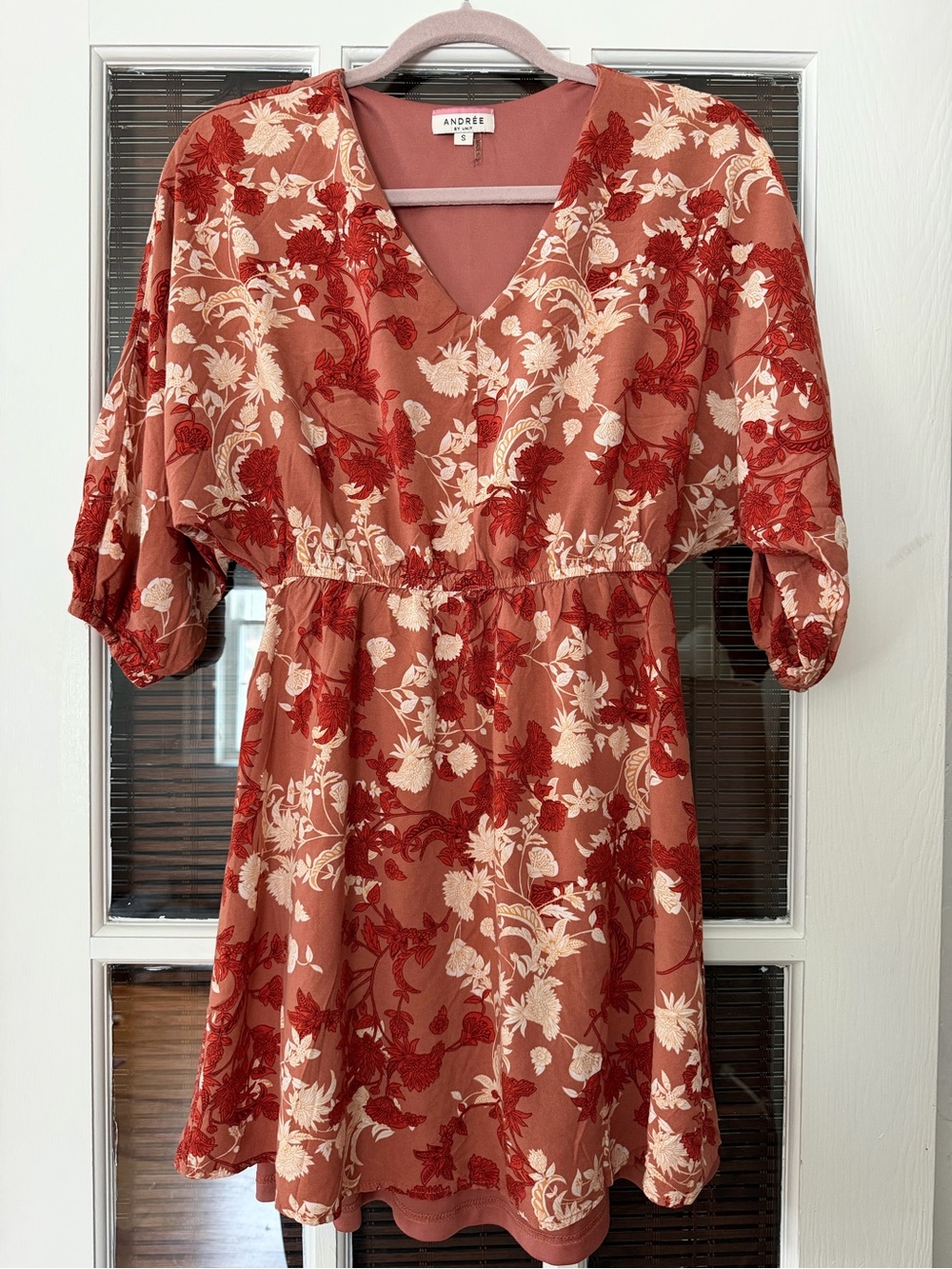Andree By Unit Women’s S‎ Mauve Rust Floral Elastic Waist Lined Dress | SKU 0633